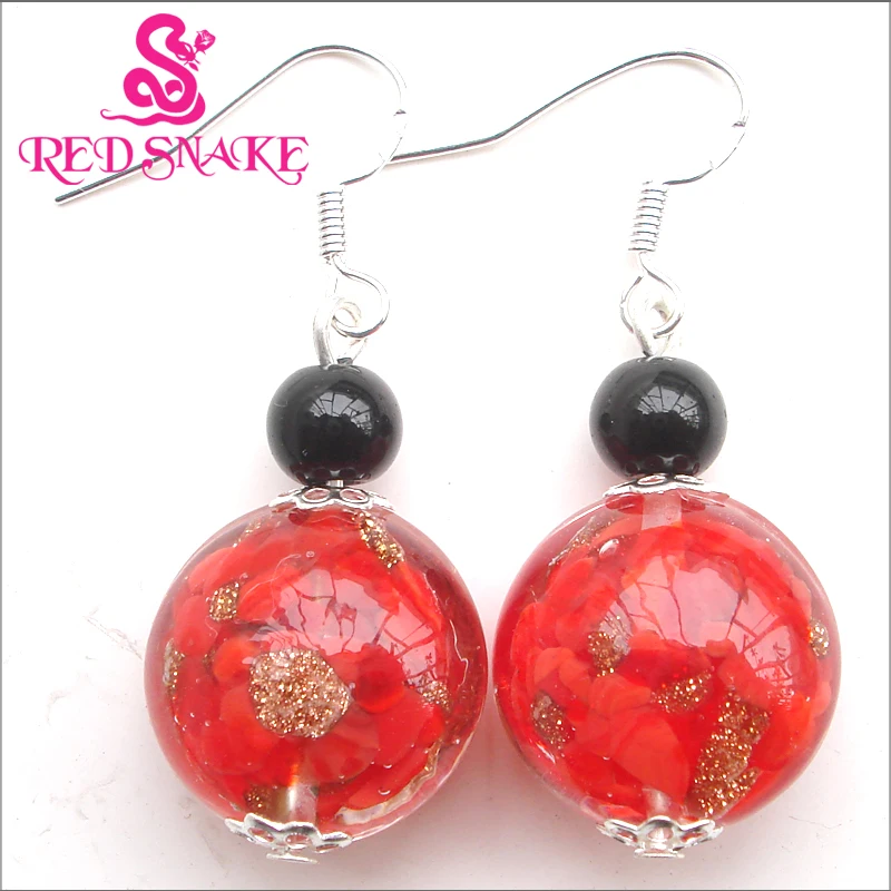 

RED SNAKE Fashion Earring Handcraft Ablaze Red with Golden sand spot Murano Glass Dangle Earrings