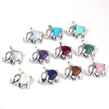 

100-Unique 10 Pcs Silver Plated Amethysts Green Turquoises Elephant Shape Pendant Rose Pink Quartz Lapis Lazuli Jewelry