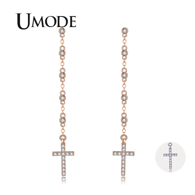 

UMODE 2019 New Clear Round Zircon Long Drop Chains Cross Drop Earrings for Women Rose&White Gold CZ Crystal Jewelry Gift AUE0568