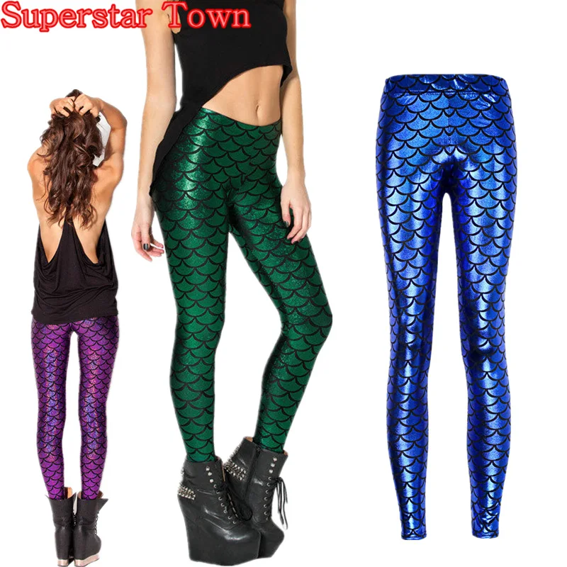 

Cosplay Metallic Mermaid Legging Costume Fish Scale Sexy Skinny Stretch Pant Superstar Town
