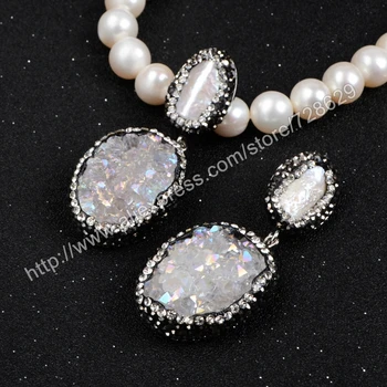 

BOROSA 5pcs/lot Silver Natural Freshwater Pearl and Oval Natural Crystal Druzy Titanium AB Druzy with Black Gun Zircon JAB173