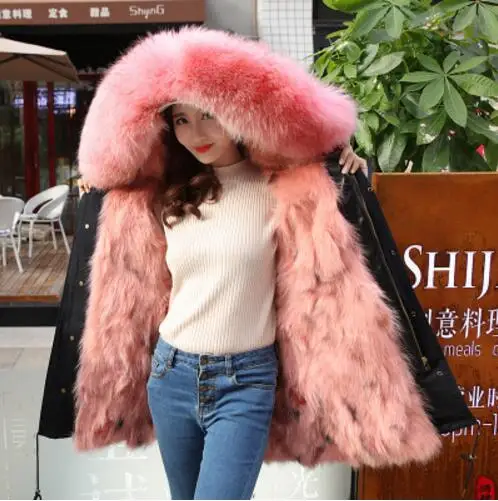 WSYORE Parkas одежда женская Новинка Зима размера плюс женские толстые куртки из меха енота пальто средней длины с капюшоном из лисьего меха для женщин NS515 - Цвет: black pink