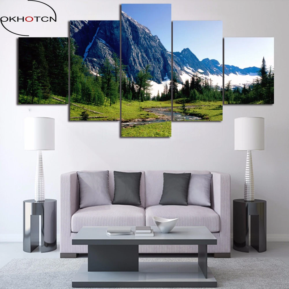 Okhotcn 5 Panels Framed Modern Home Decor Canvas Posters Snow Mountain