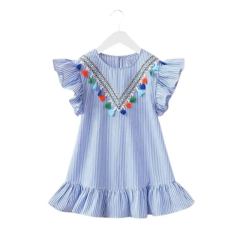 HTB1Z14CXRSD3KVjSZFqq6A4bpXaa Summer Girls Tassel Flying Sleeve Dresses Stripe Cute Kids Party for girls Princess Dress Tops Clothes