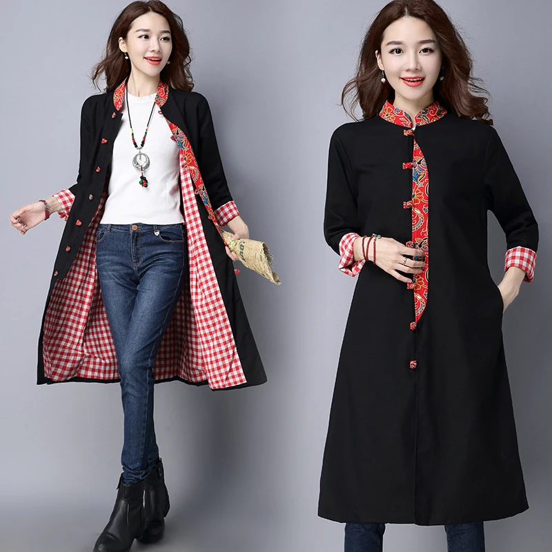 Trench coat women Autumn Ethnic Patchwork Print Trench Outerwear female casual Loose Chinese style Clothing WJ645