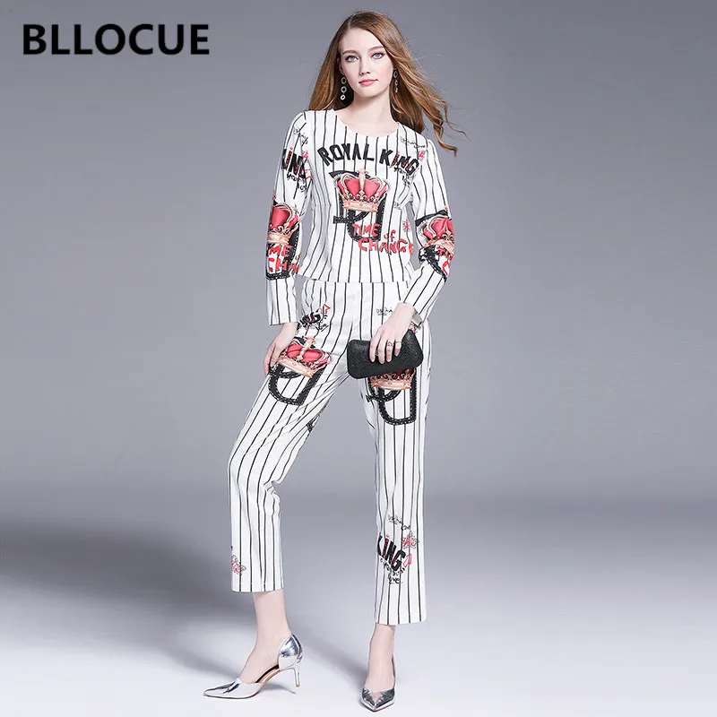

BLLOCUE 2019 New Autumn Runway Pants Suit Sets Women's Long Sleeve Vintage Print Striped Pullover top Pants Set 2 Piece Sets