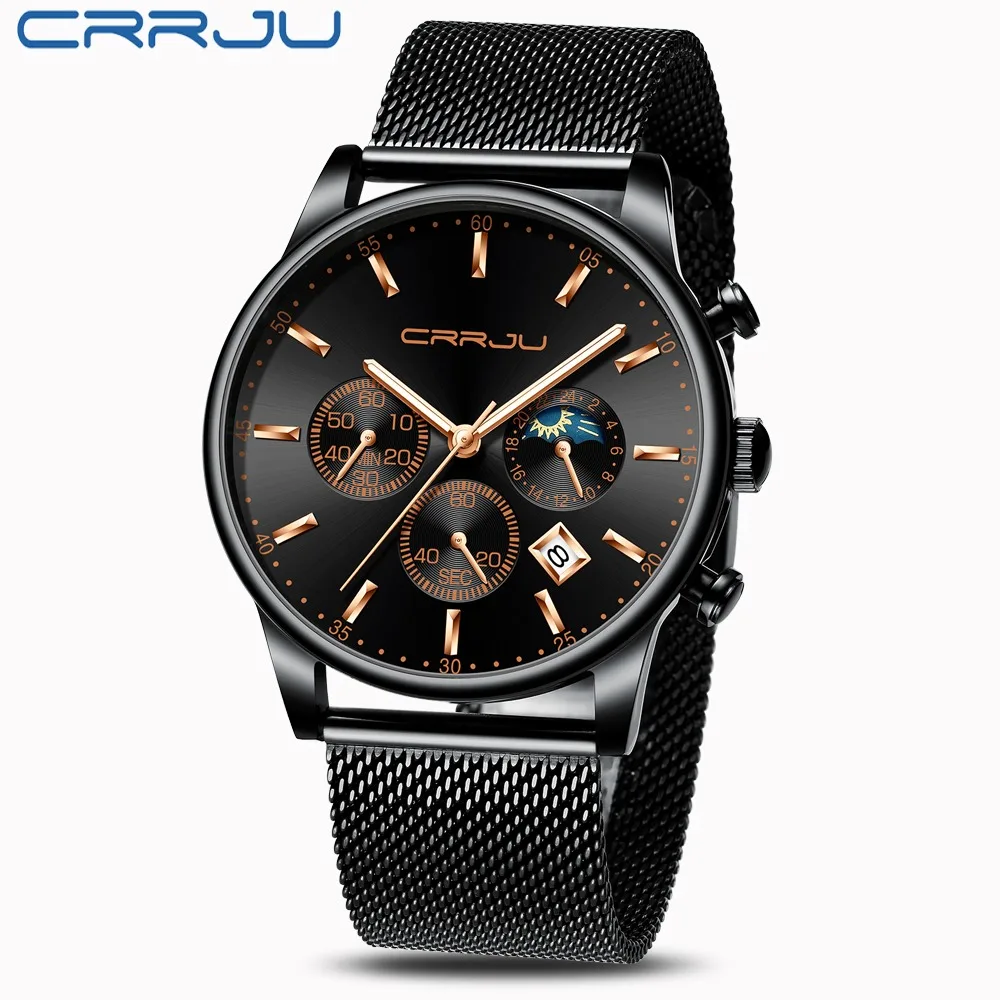 Reloj hombre CRRJU Топ Роскошные мужские многофункциональные часы водонепроницаемые деловые повседневные кварцевые наручные часы с датой мужские часы с сетчатым ремешком - Цвет: black rose