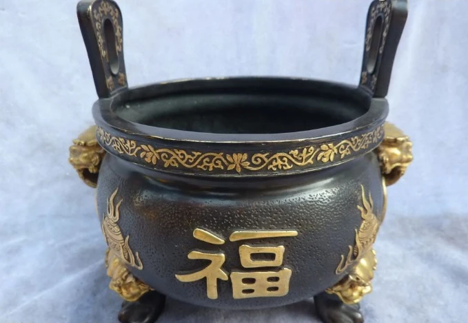 

003502 7"Chinese costful 100% Pure Bronze 24K Gold Lucky Lion incense burner Statue