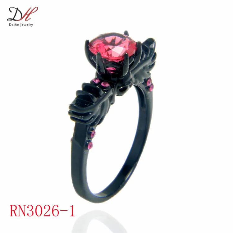 En gros De Mariage Turc Anneaux Gothique Crâne Aile Bague de Fiançailles, Vert/Rouge Doigt Zircon Noir Or Rempli Anneau RN3026 dans Anneaux de Bijoux et