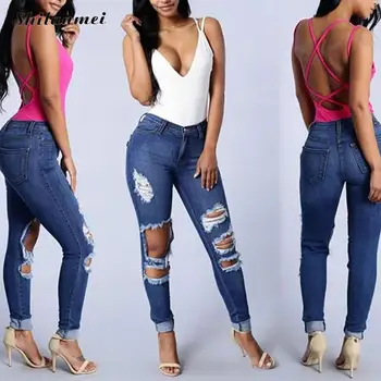 

Summer New Blue women jeans 2017 Blue Ripped Jeans Pencil Pants Embroidered Flares hollow out washed jeans pants female XXL Slim