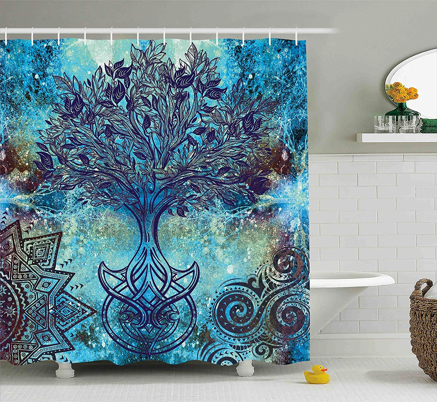 Ethnic Shower Curtain Grunge Style Tree Pattern Ethnic Mandala Spiral Shapes Blurry Artwork Bathroom Set Turquoise Brown Shower Curtains Aliexpress