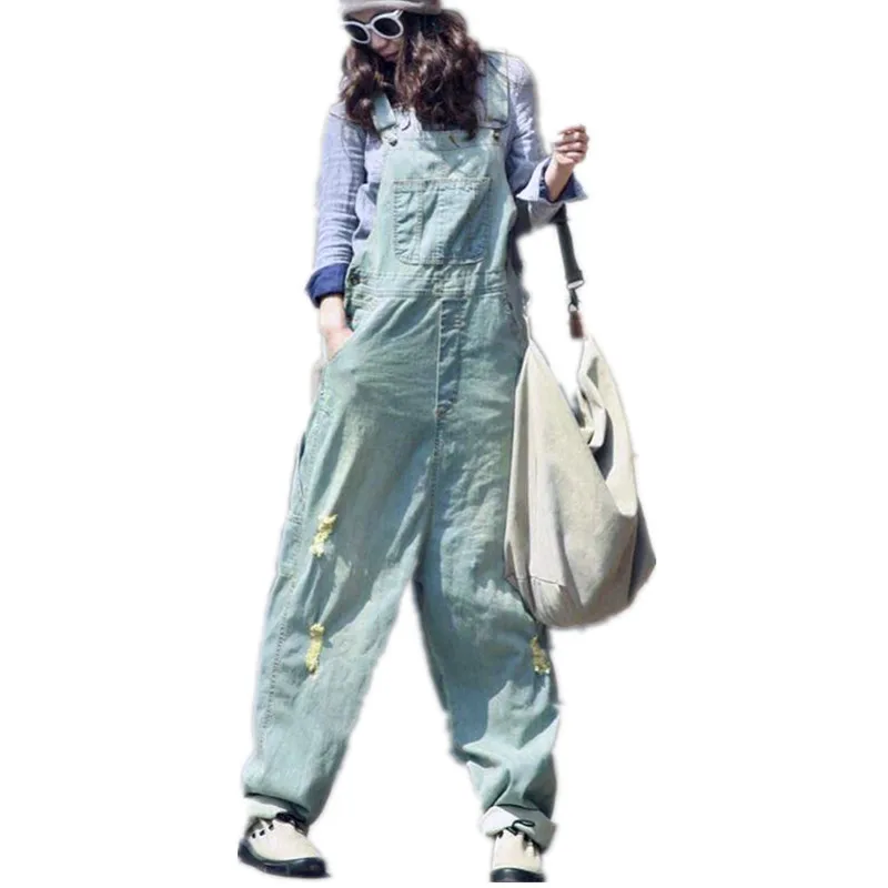 

Water wash casual retro finishing wearing white hole light color loose hip-hop one piece overalls suspenders jeans