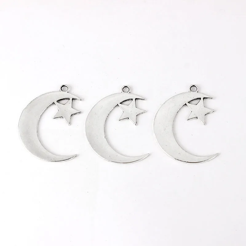 20PCS Tibetan Silver Celestial Moon Star Crescent Charms Pendants for Necklace Making Jewelry Findings 44x32mm