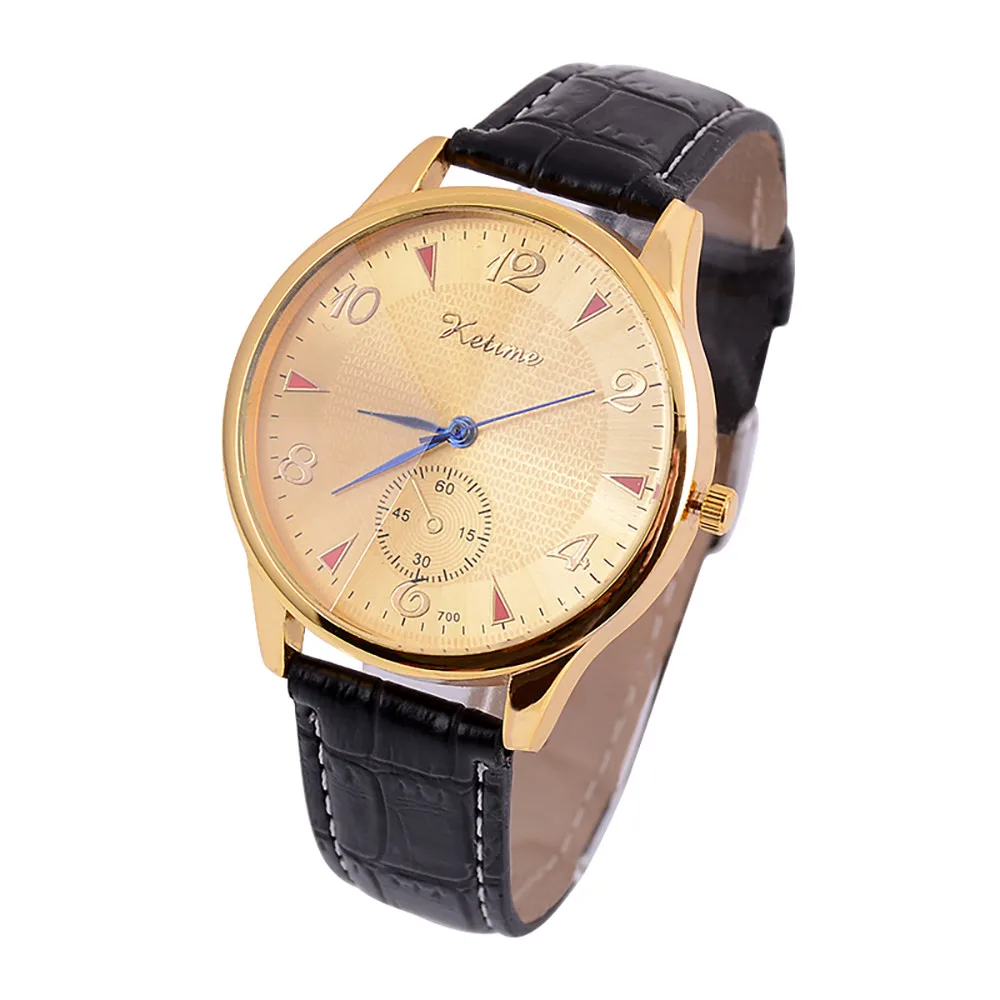 

Fashion men's leather watch simple digital fake seconds gold dial business casual sports quartz watch relogio masculino A60