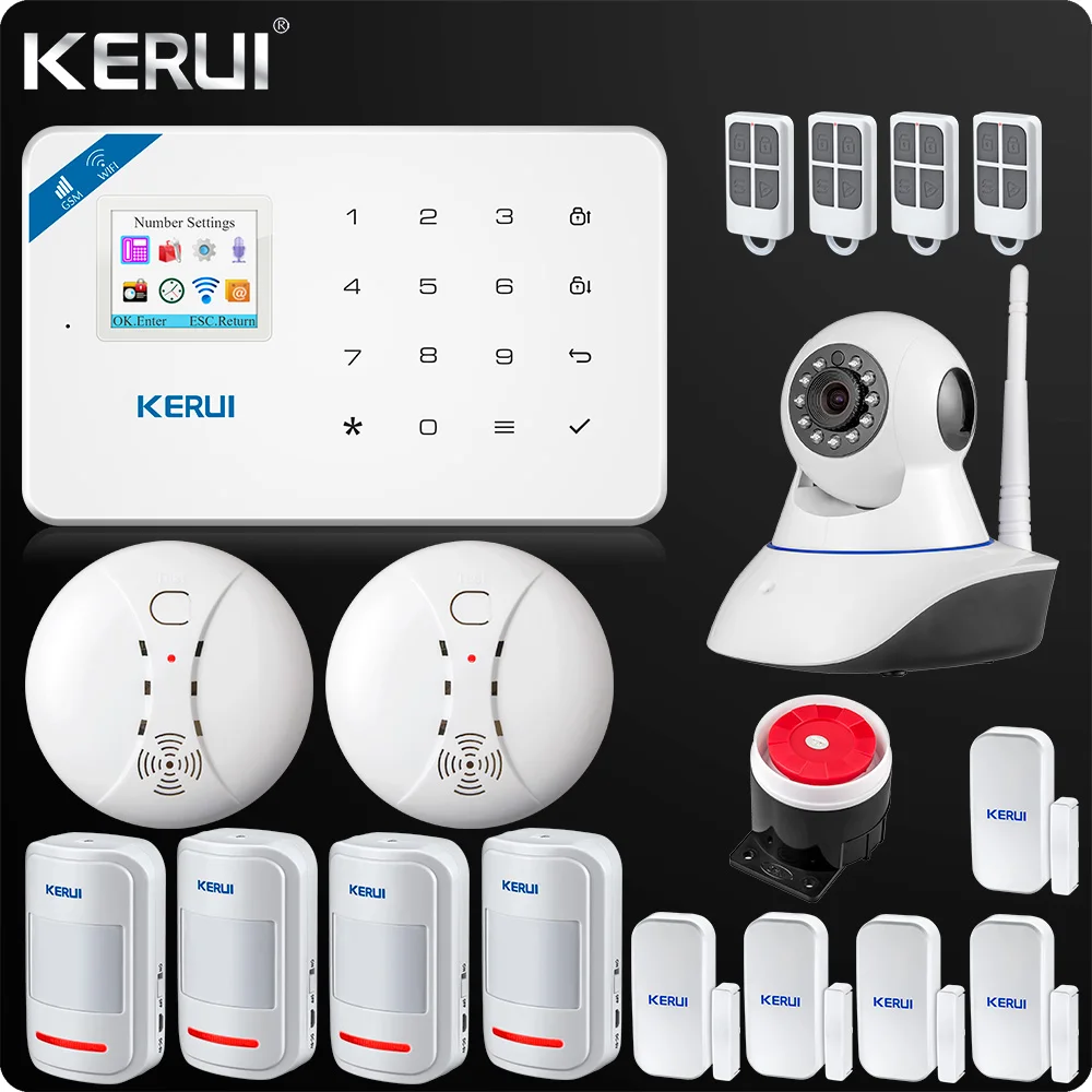 Kerui W18 беспроводная Wifi GSM IOS Android приложение управление ЖК GSM SMS домашняя охранная сигнализация PIR датчик дыма внутренняя Wifi камера