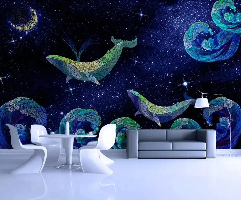 

HD starry whale children's room bedroom wall professional production murals wholesale wallpaper custom poster photo wall