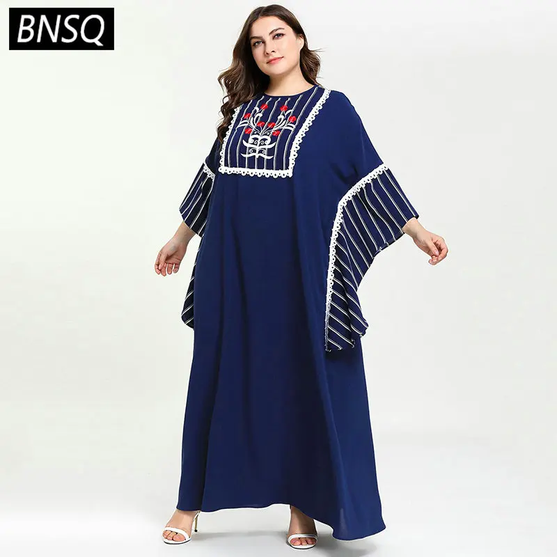 

BNSQ Ethnic Patchwork Long Dress Fashion Stripe Floral Embroidery Maxi Dresses Dressing Gowns For Women Plus Size Summer 2019