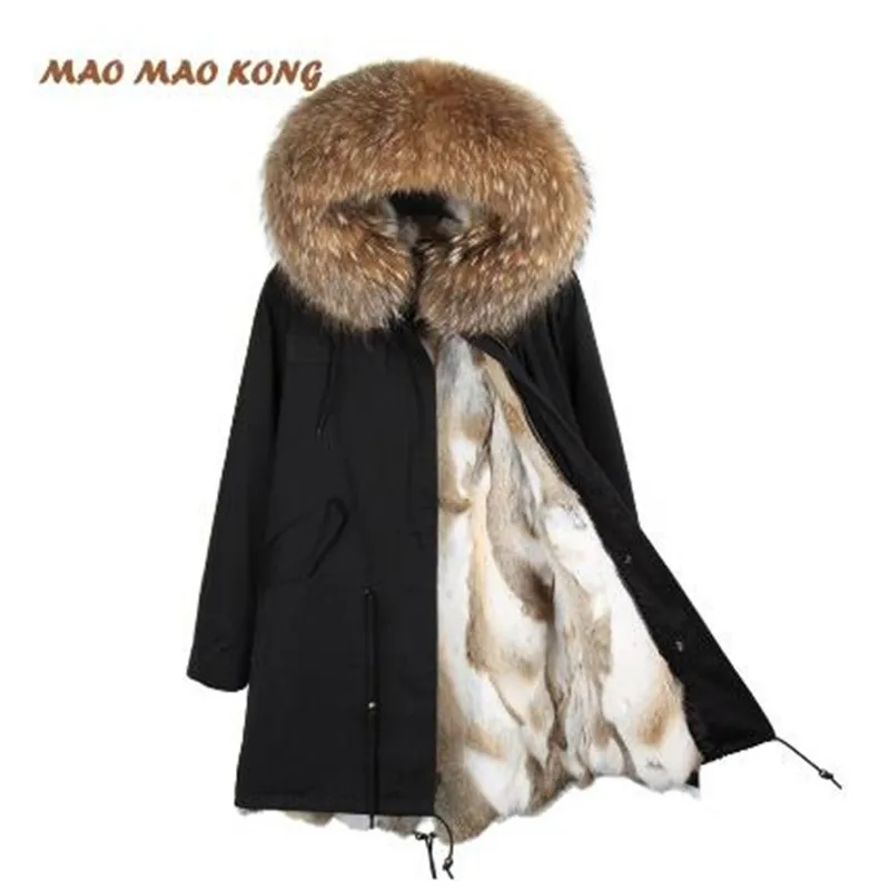

2019 new fashion luxurious raccoon fur collar hooded coat with thick real rabbit fur liner woman parkas long winter jacket