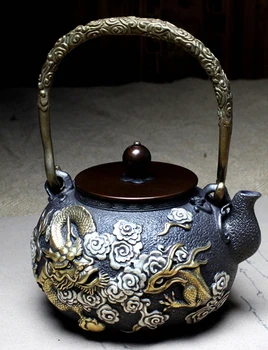 

1300ML 24k gold plated Relief Gilt dragon Japanese Hand made cast iron dragon teapot+ pot folder + pot mat set 2kg
