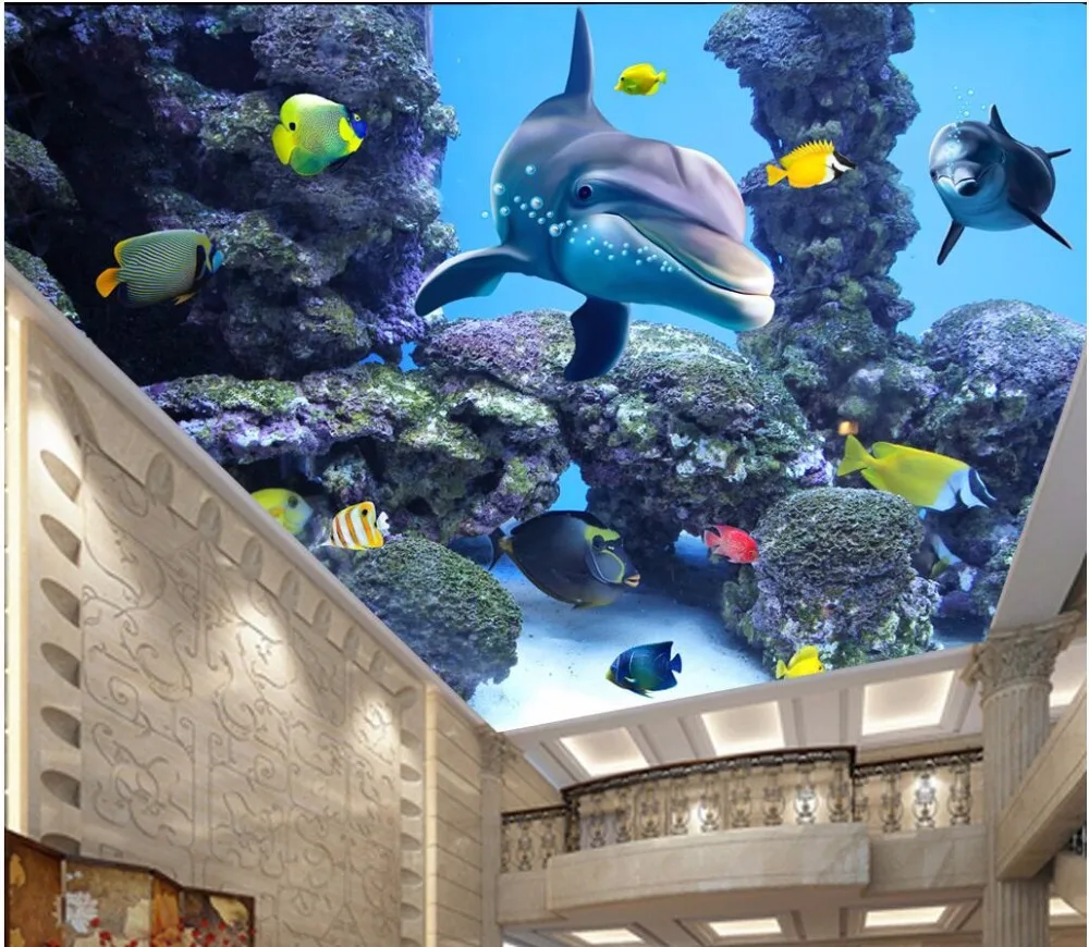 Buy 3d room ceiling murals wallpaper custom photo Sea world fish rocks