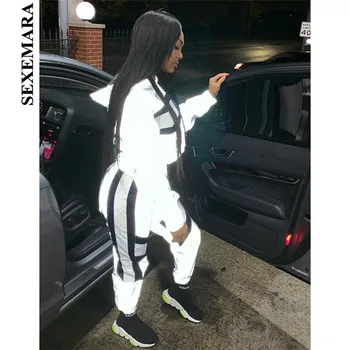 

BOOFEENAA Color Block Reflective Tracksuit Womans Outfits Streetwear Cute Silver Two Piece Set Top and Pants Sweat Suits C87BE78