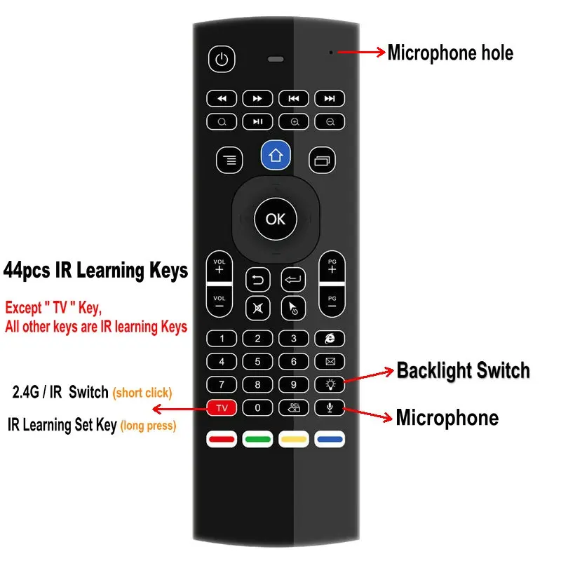 Tikigogo TK3 2,4G воздушная мышь клавиатура подсветка 44 ИК обучение голосовой поиск для Android Smart tv Box PC PK MX3 G30 пульт дистанционного управления