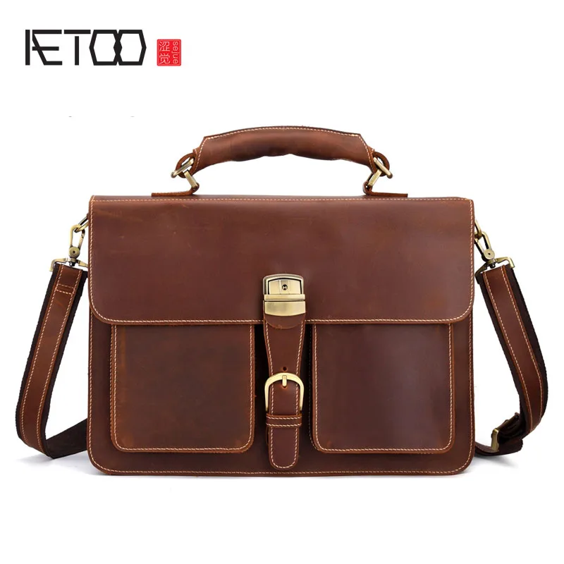 AETOO ретро кожаный мужской Большой Вместительный портфель с головой, сумка для ноутбука crazy horse из кожи 16 дюймов, сумка-мессенджер для компьютера - Цвет: 1
