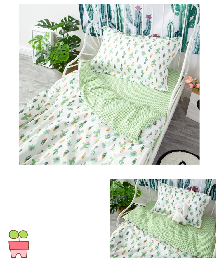 customize ins hot crib pillowcase bed sheet quilt cover 100% cotton cactus pattern baby kids bedding set  (6)