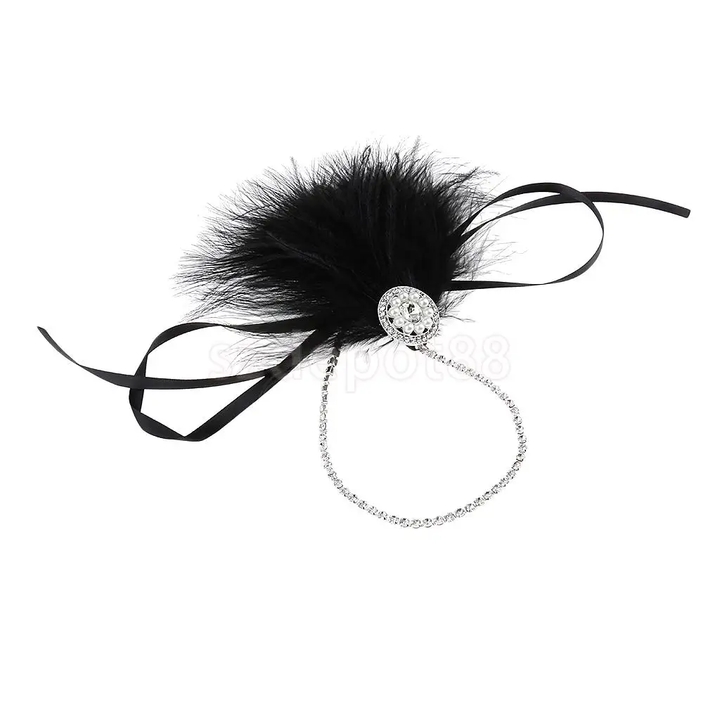 1920s Great Gatsby винтажное черное перо жемчуг стразы цепочка Хлопушка повязка на голову нарядное платье Аскот гоночный головной убор