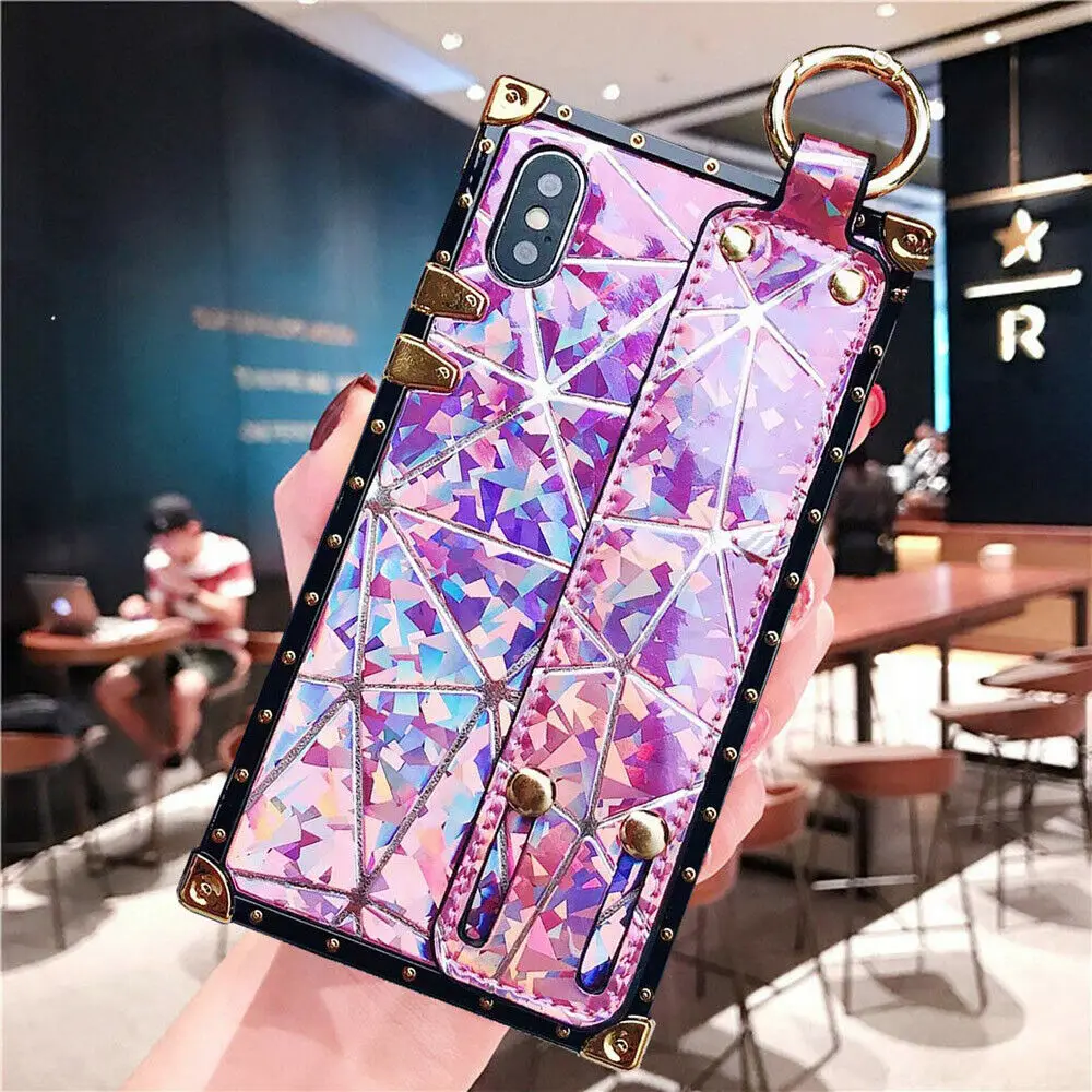 Diamond Purple Роскошный квадратный чехол для багажника, милый чехол с ремешком на руку, подставка, держатель для телефона, чехол s для iPhone X XS Max XR 7 8 6 6s Plus - Цвет: Diamond Purple
