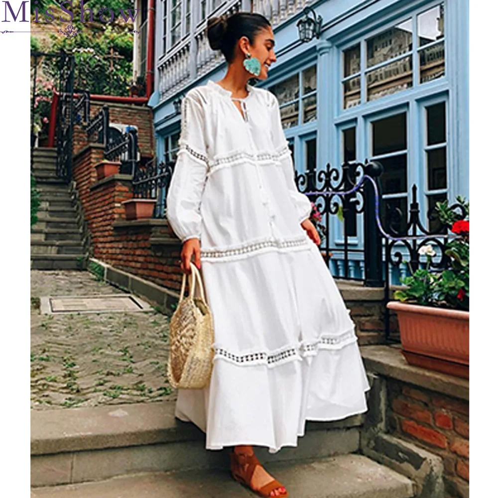 

2019 New Fashion White V-neck Long Sleeve Hollow out Lace Plus Size Ladies Dresses Loose Big Size Woman Maxi Long Dress