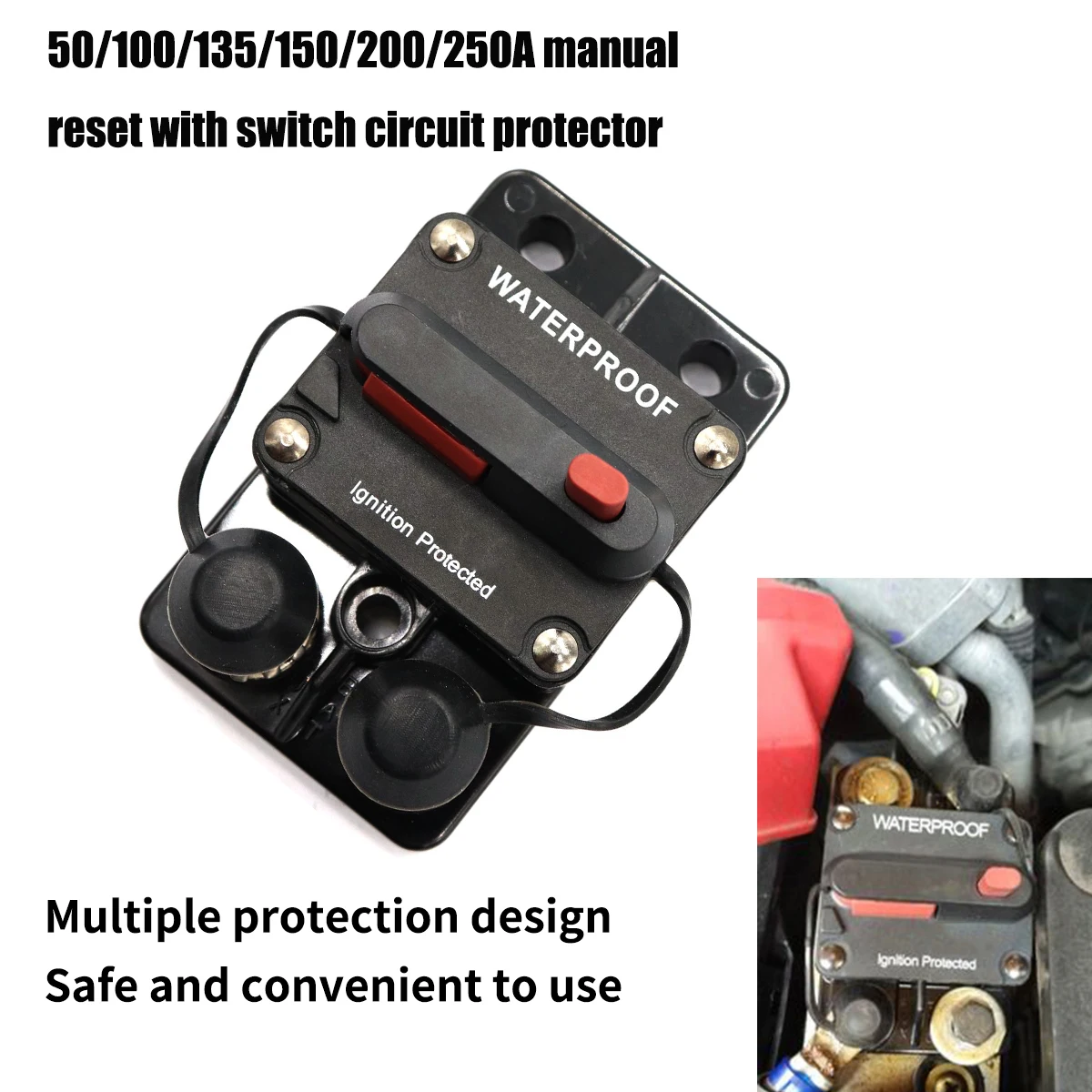 

Waterproof Switchable Surface Mount Circuit Breaker 50/100/135/150/200/250A SAE UL Certificated Rating DC12-48V Auto Marine