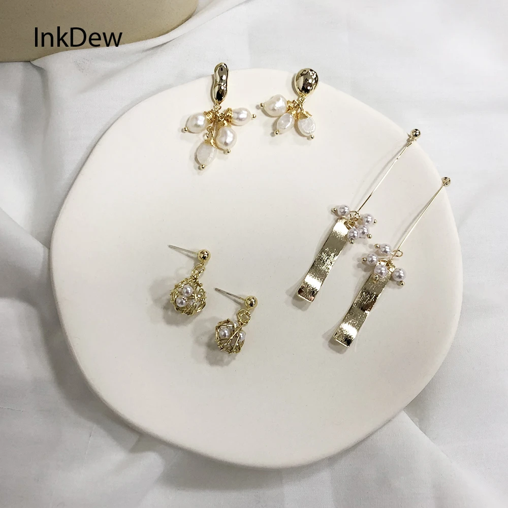 

GWACC Korea Design Trendy Gold Metal Pearl Drop Earrings for Women Girl Long Earrings Weave Ball Freshwater Pearl Jewelry Gift