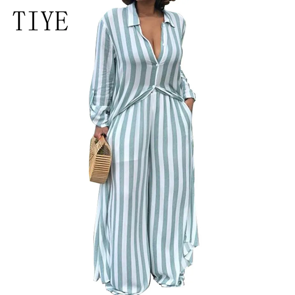 TIYE Sexy Turn-down Long Sleeve Striped Two Pieces Sets Wide Leg Jumpsuits Women Casual Go Out Loose Black Playsuits Rompers TIYE Sexy Turn-down Long Sleeve Striped Two Pieces Sets Wide Leg Jumpsuits Women Casual Go Out Loose Black Playsuits Rompers