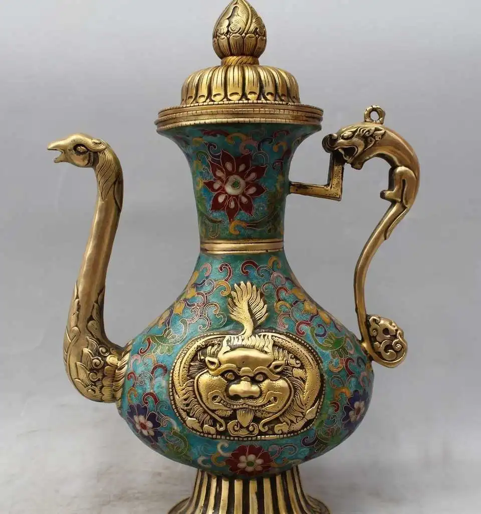 

13" Marked Chinese China Cloisonne Bronze Dragon phoenix Wine Tea Pot Flagon