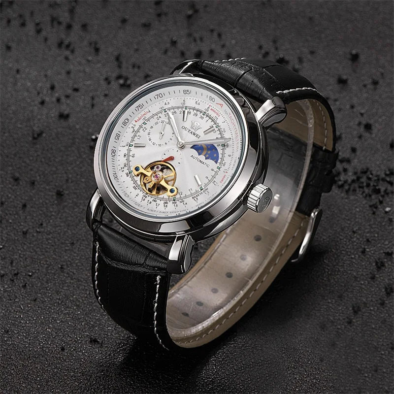 

2019 OUYAWEI Men Mechanical Watches Men Sport Tourbillon Automatic Top Luxury Brand Leather Moon Phase Watches Relojes Hombre