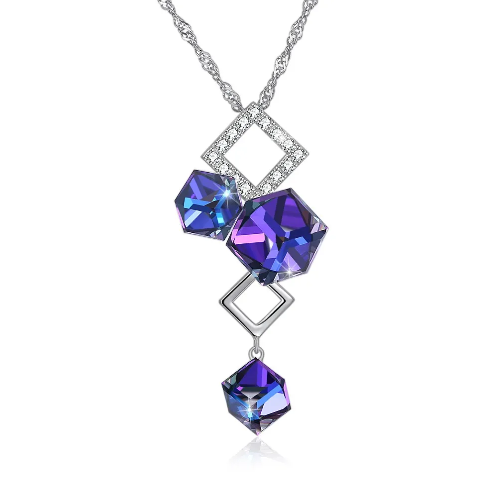 

LEKANI Crystals from Swarovski Element Purple Square Beads Pendant Necklace 925 Sterling Silver Necklace Jewelry for Women