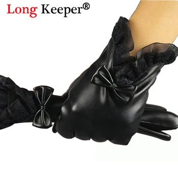 

Long Keeper Women Leather Gloves Full Finger Touch Screen Ladies Sexy Lace Luvas With Butterfly Bow Gifts For Female G295