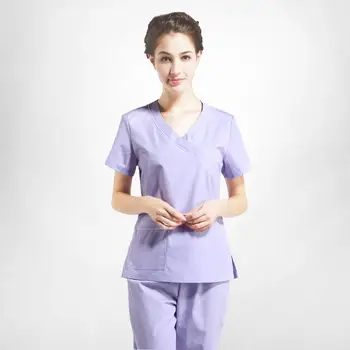 

2017 New Arrivals Operation Room Short Sleeve Scrub Sets(Top+Pants) for Women Light Purple Nurse Uniform Cheap V Neck Work Wear