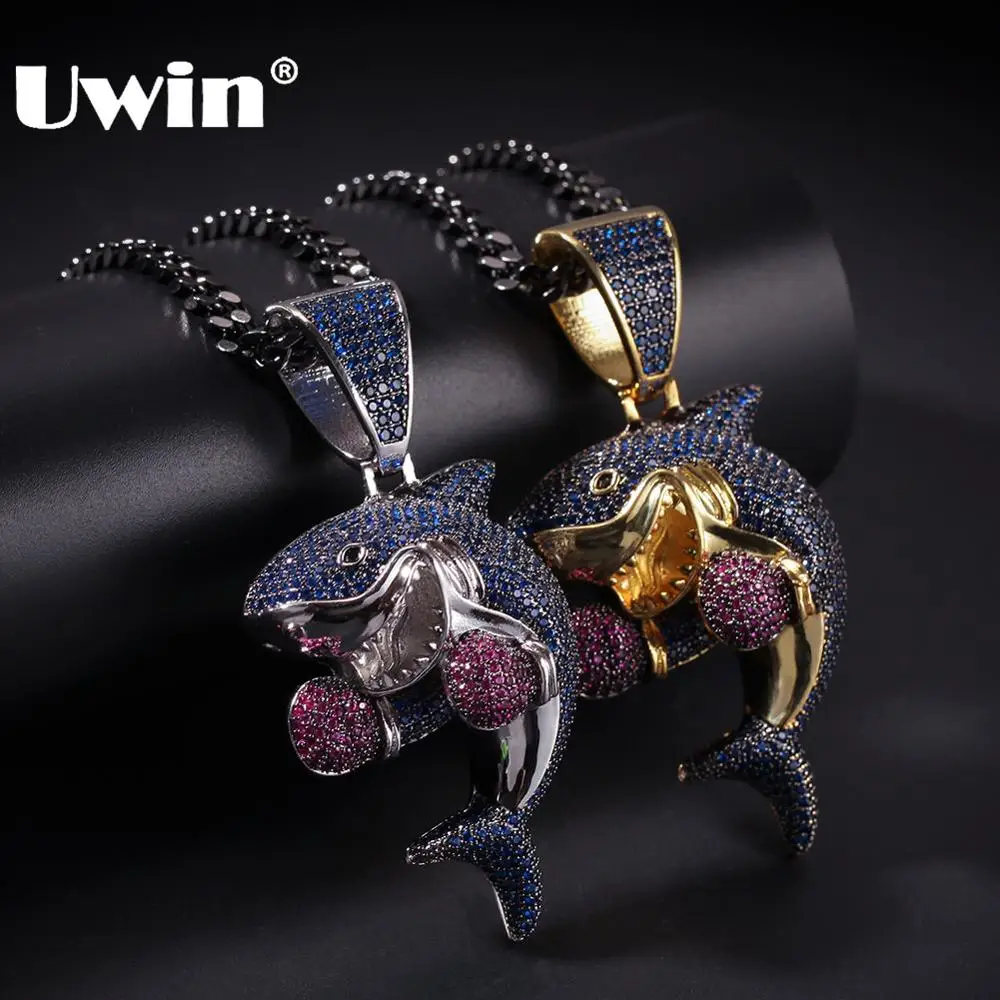 UWIN Colored Boxing Shark Pendant Necklace Fashion Iced Purple Blue Color Cubic Zirconia Shark Hiphop Jewelry Drop Shipping UWIN Colored Boxing Shark Pendant Necklace Fashion Iced Purple Blue Color Cubic Zirconia Shark Hiphop Jewelry Drop Shipping