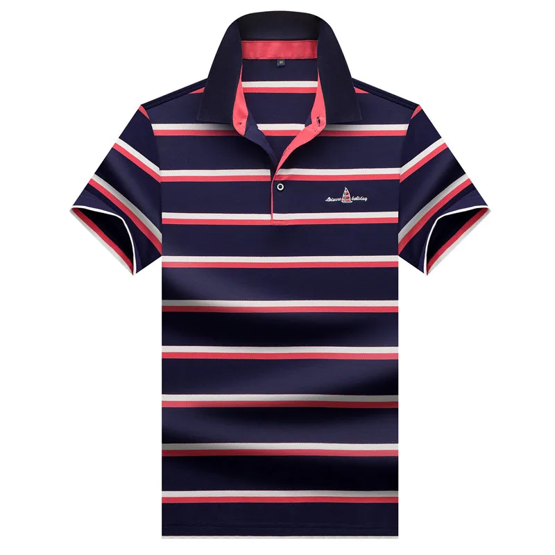 

Tace Shark Brand Plus Size Short Sleeve Turndown Buttoned Collar Tees Embroidered Contrast Color Striped Polo Shirt for Men