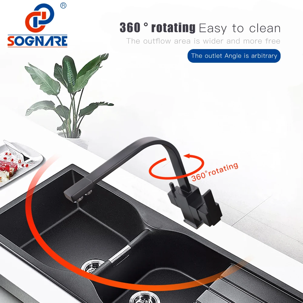 Black Square Kitchen Faucets 360 Degree Rotation 3 Way Water Filter Tap Water Faucets Solid Brass Kitchen Sink Tap Water Mixer