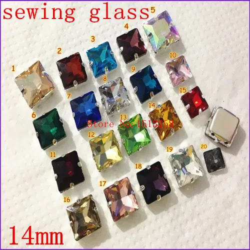 

14mm 50Pcs/Lot Sew On Glass Crystal Square Rich Colors Fancy Stone with 4 holes Metal Claw Setting