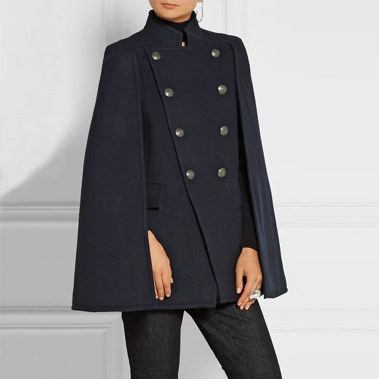 Moyen Dark 2018 À Blue Outwear Automne Cape Laine Boutonnage Femelle Uniforme Nouvelle Mode Armée allumette Tout long Double Hiver Pardessus Femmes zOHxrwz