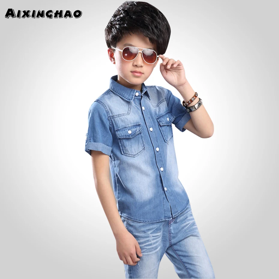

Boys Denim Sport Suit Summer Clothes For Boys Denim Shirt + Jeans 2PCS Children'S Costumes For Boys Teenage Kids Set 6 8 10 12
