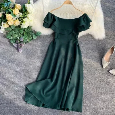 

2019 new fashion women's dresses double-layer ruffled off-the-shoulder neckline waist elegant dress