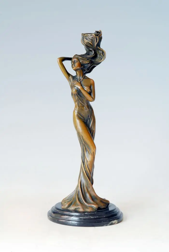 

ATLIE Bronzes Stroking hair girl Candle Holder Statue Bronze Candlestick gifts Antiques Collections handicraft