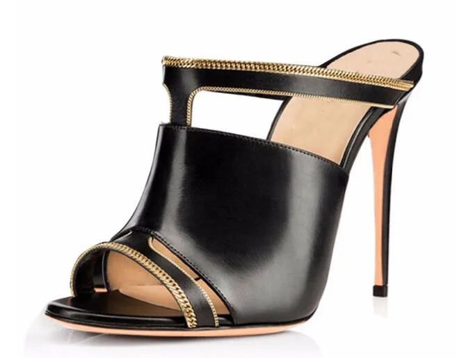 

Woman mixed-colors open toe high heel slippers Ladies thin chain decorated outdoor slides Woman thin heel sandals Fashion slides