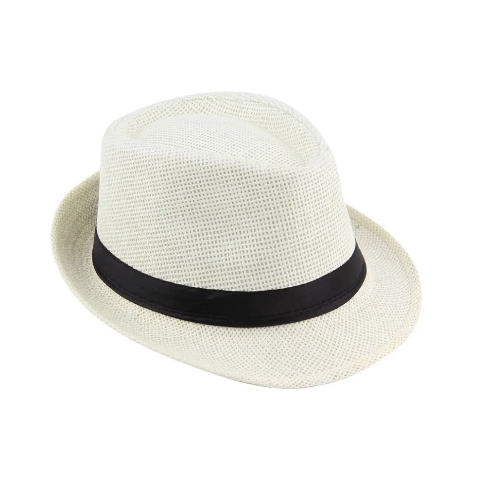 Summer Trilby Short Brim Sun Straw Fedora Hat Cap with Color Striped.