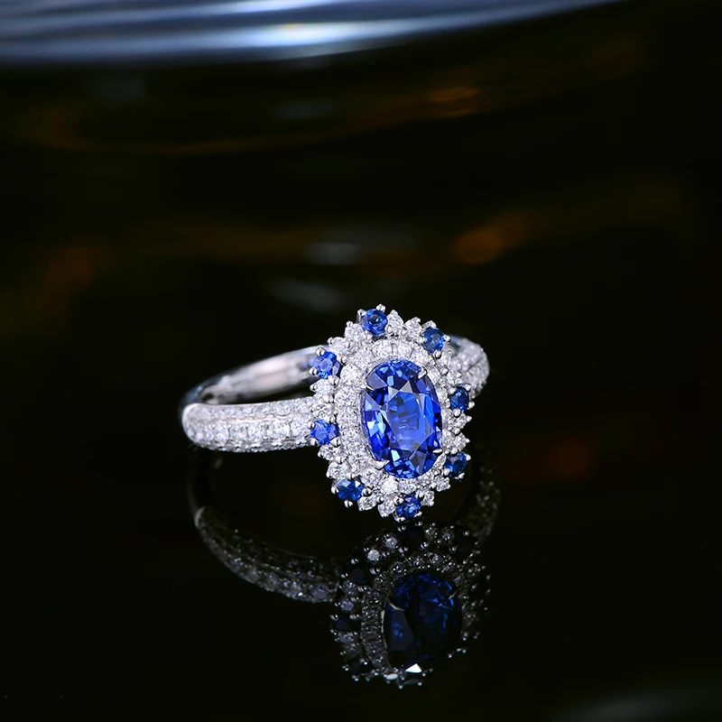 CaiMao 1.57ct кольцо из натурального сапфира с бриллиантами Halo 18kt Белое золото обручальные свадебные украшения
